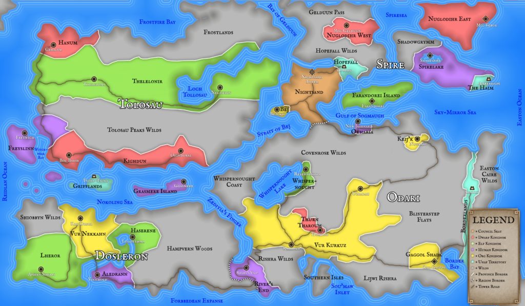 Feodris: regions, provinces, kingdoms, towers, major and minor keeps, the Tower Highway, principal wilderness areas ("Wilds"), and bodies of water.